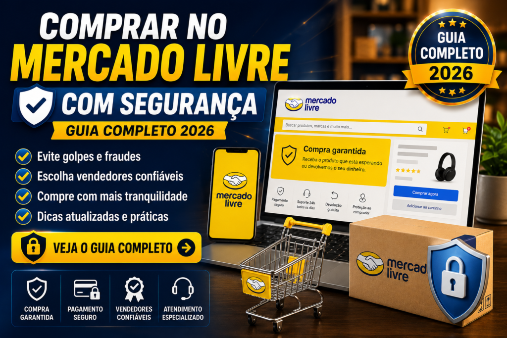 Guia para comprar no Mercado Livre com segurança em 2026 mostrando dicas para evitar golpes, escolher vendedores confiáveis e fazer compras online com proteção