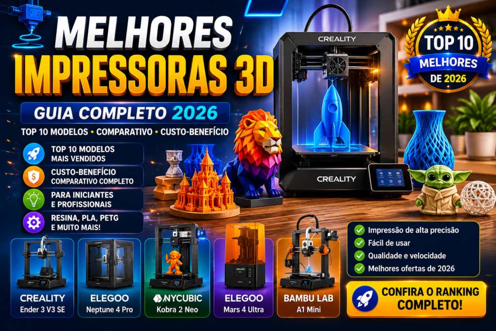 Melhores impressoras 3D de 2026 comparativo completo com modelos Creality, Elegoo, Anycubic e Bambu Lab para iniciantes e profissionais