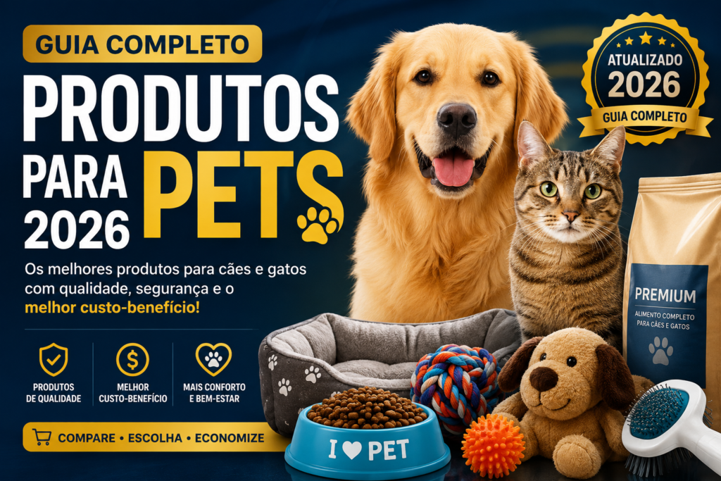 Guia completo com os melhores produtos para pets em 2026, incluindo alimentação, brinquedos, camas, acessórios, higiene e itens essenciais para cães e gatos.